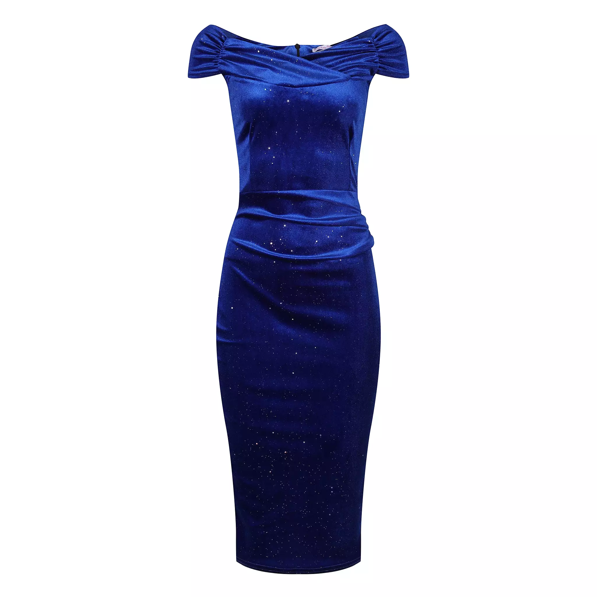 Royal Blue Velour Sparkle Cap Sleeve Crossover Top Bardot Wiggle Dress