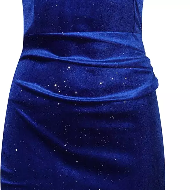 Royal Blue Velour Sparkle Cap Sleeve Crossover Top Bardot Wiggle Dress