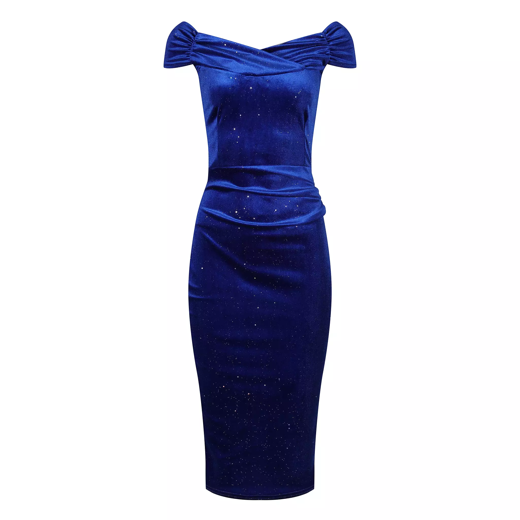 Royal Blue Velour Sparkle Cap Sleeve Crossover Top Bardot Wiggle Dress