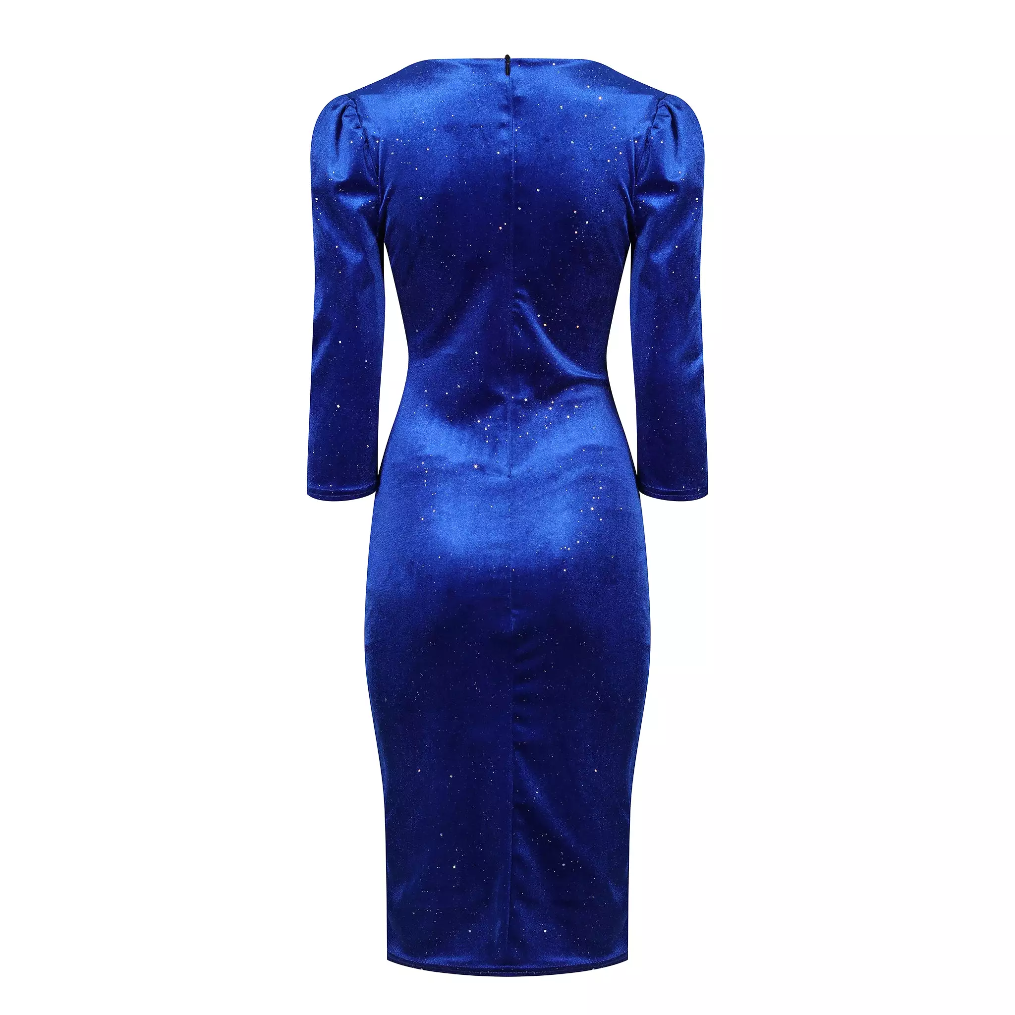 Royal Blue Velour Sparkle Wrapover 3/4 Sleeve Midi Dress