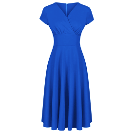 Royal Blue Vintage A Line Crossover Capped Sleeve Tea Swing Dress  by