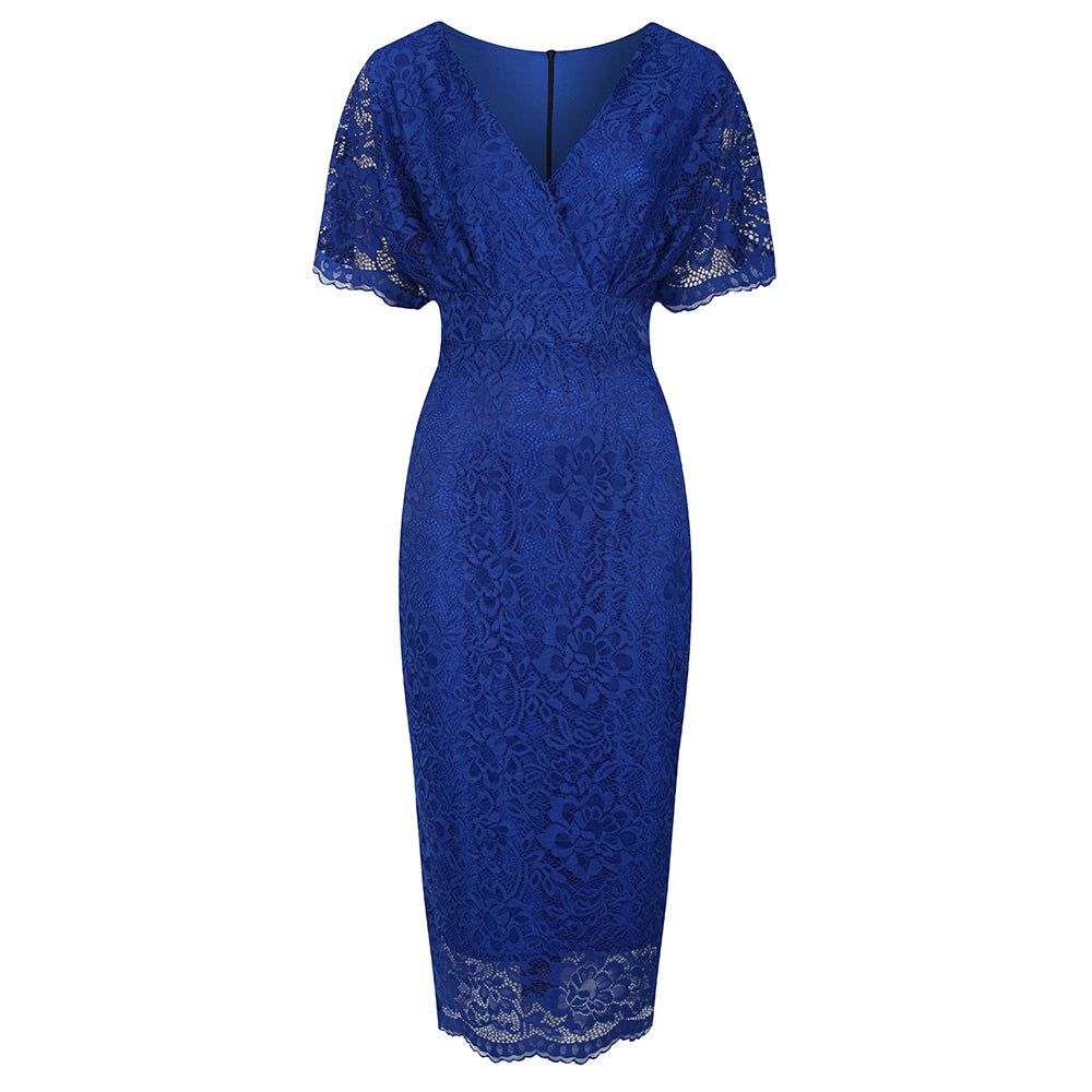 Royal Blue Vintage Lace Detail Bodycon Midi Pencil Dress