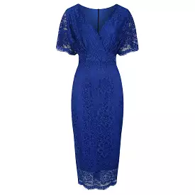 Royal Blue Vintage Lace Detail Bodycon Midi Pencil Dress