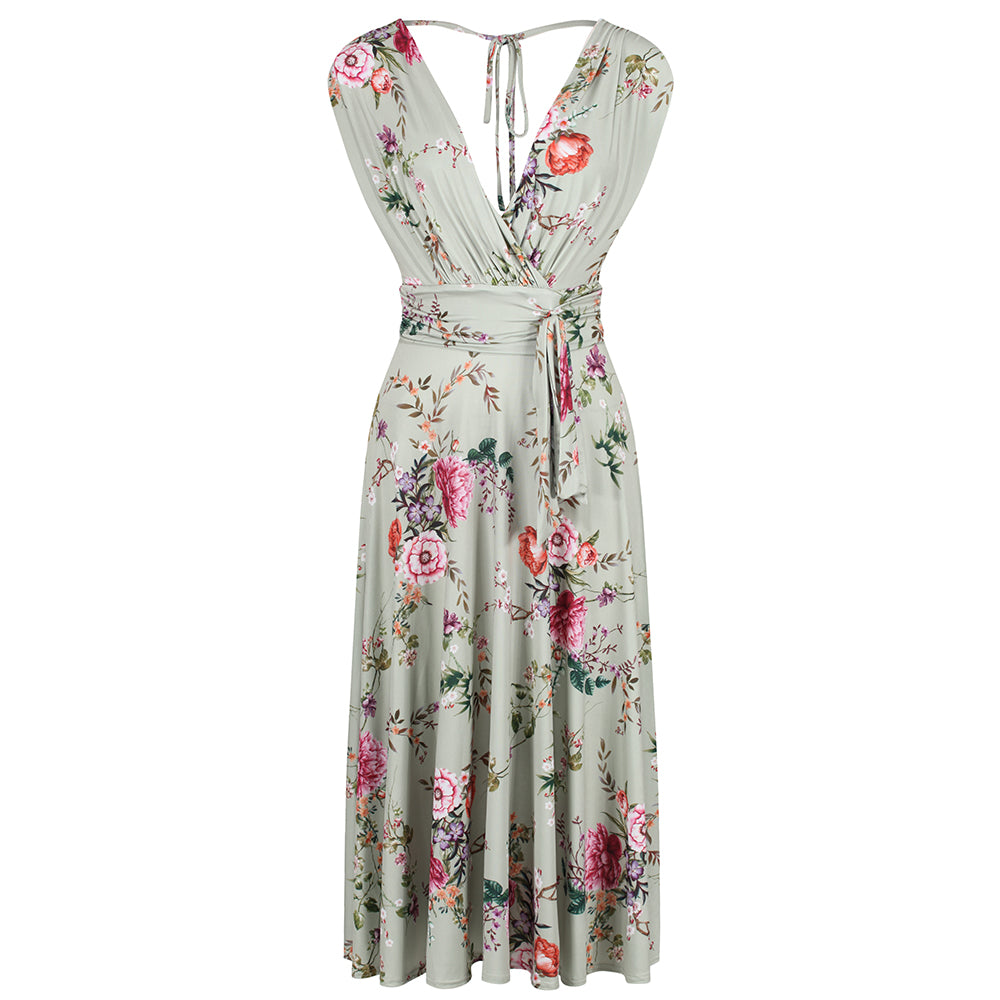 Sage Green Floral V Neck Crossover Top Empire Waist Swing Dress