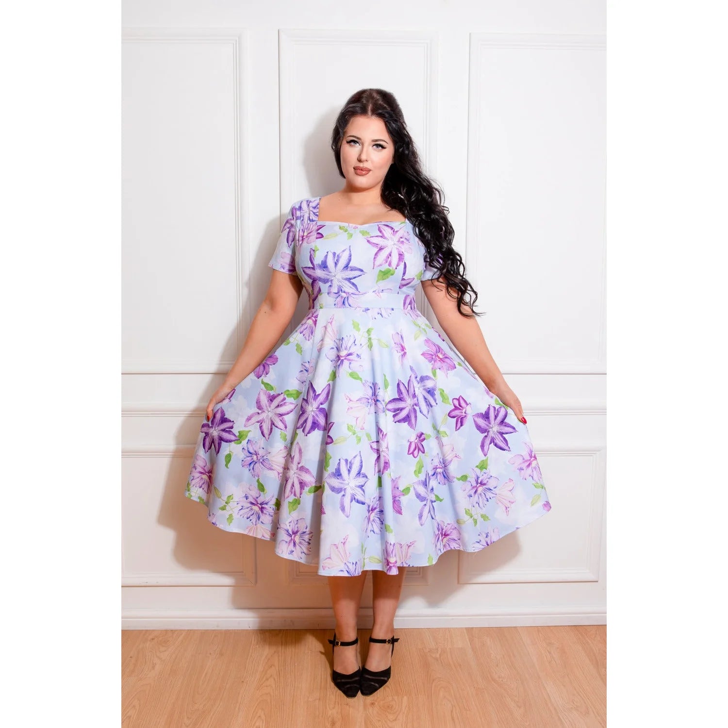 Sky Blue And Purple Floral Short Sleeve 50s Swing Dress