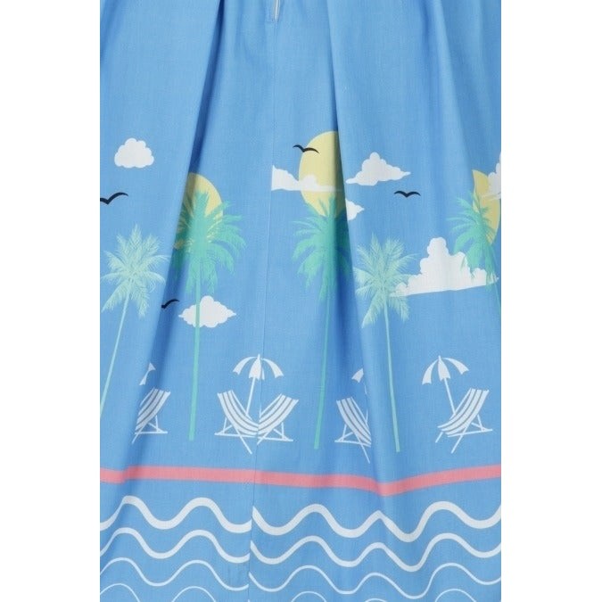 Sky Blue Beach Print Summer Cotton 50s Swing Dress