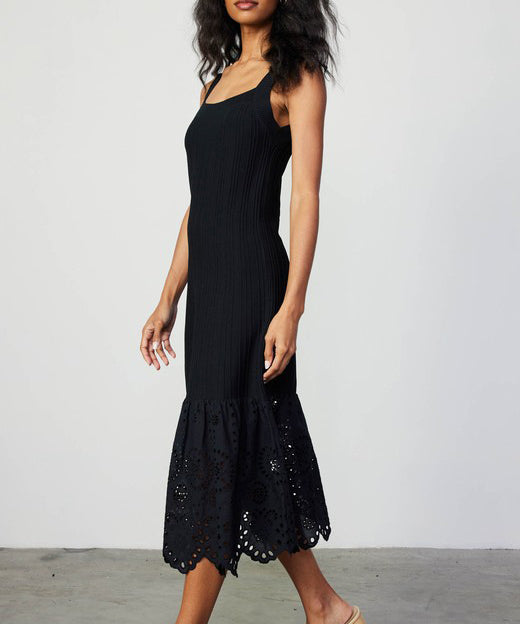 Sleeveless Knit Dress with Eyelet Detail - Black