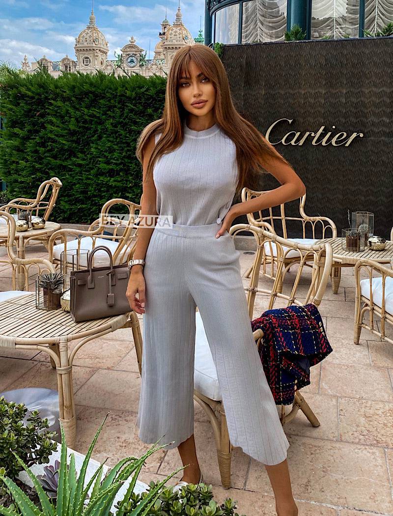 Sleeveless Knit Top and High Waisted Cropped Pants Two Piece Set