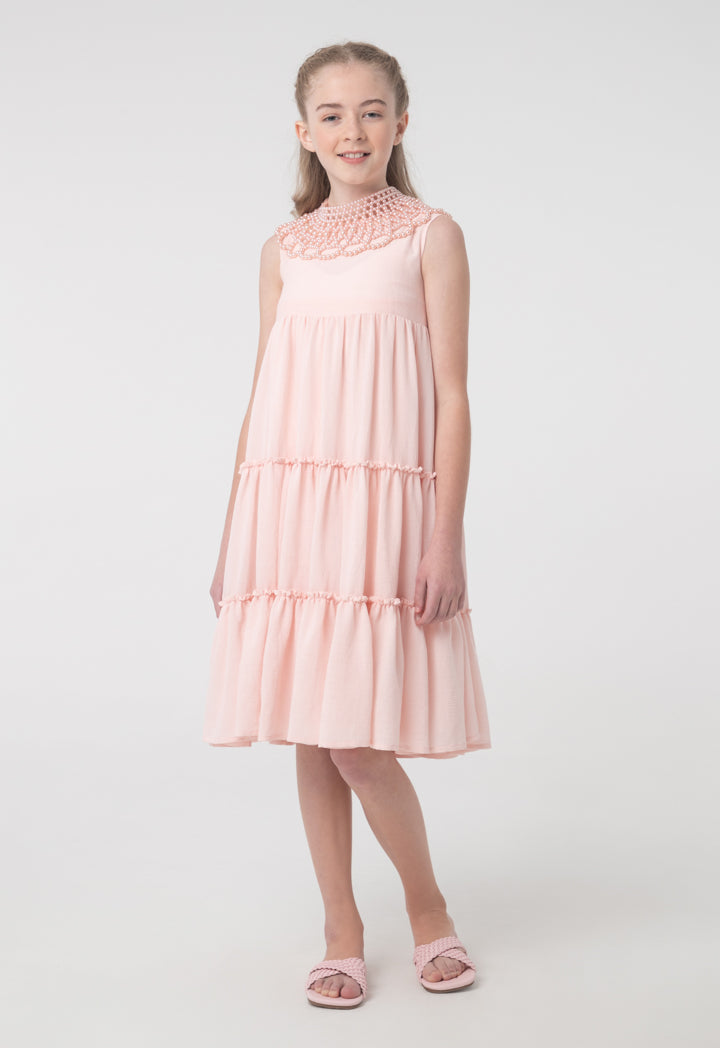 Solid Sleeveless Frill Tiered Flare Dress