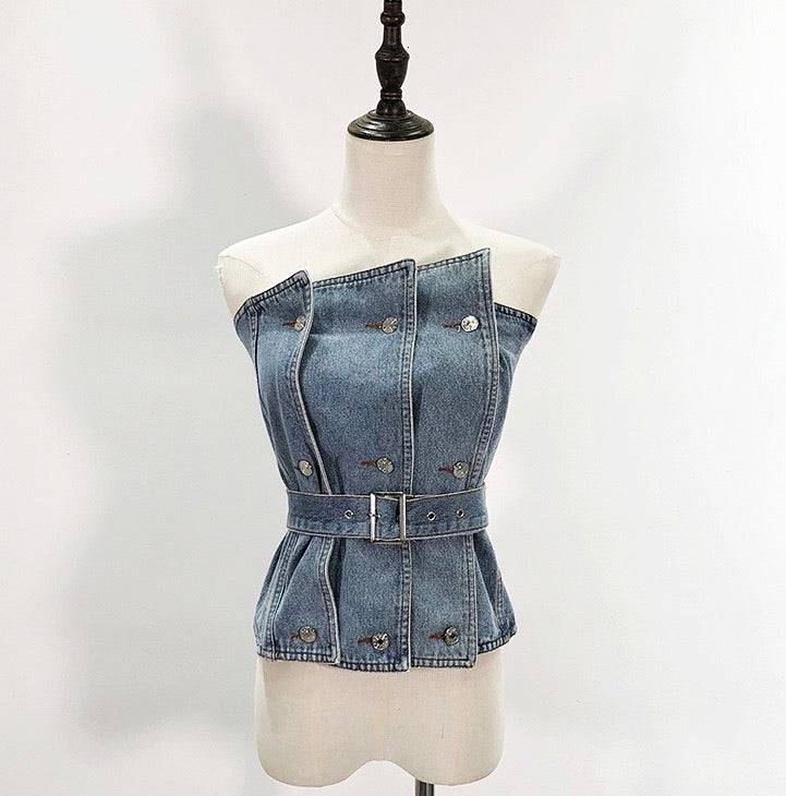 Strapless Belted Denim Top