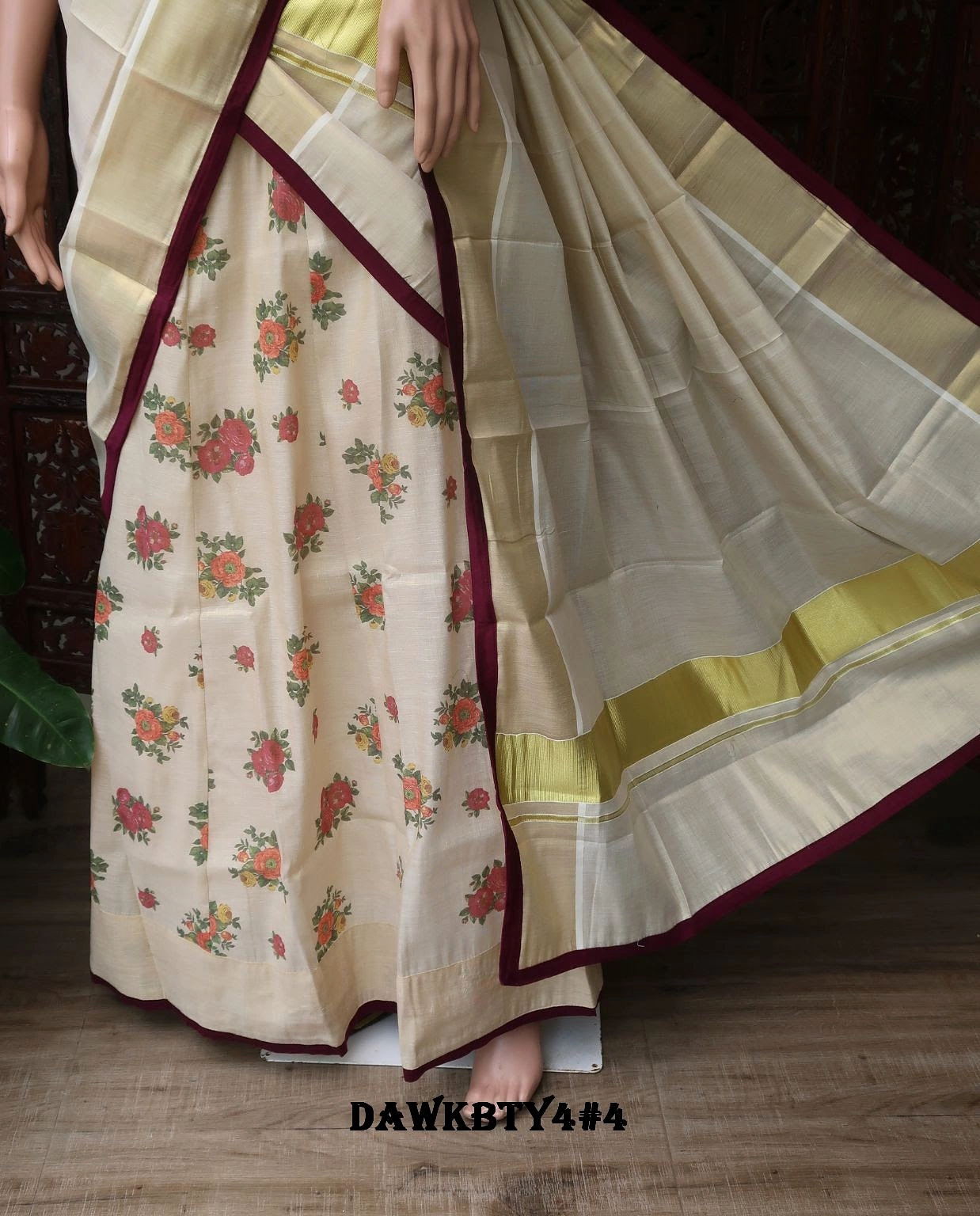 Suguna , Digital Printed Kerala Cotton Tissue Skirt with Plain Dawani with Contrast Piping and Printed Blouse Piece-KIA001FDB