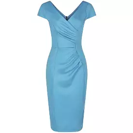 Summer Blue Cap Sleeve Crossover Top Bodycon Wiggle Pencil Dress