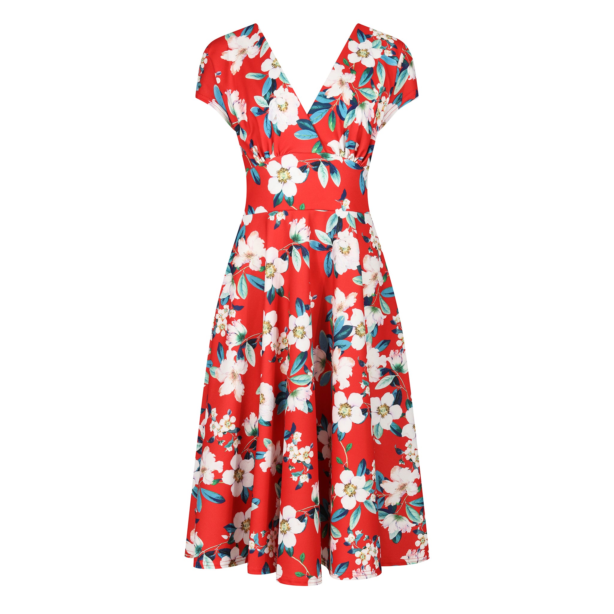 Sunset Red Floral Vintage A Line Crossover Capped Sleeve Tea Swing Dress