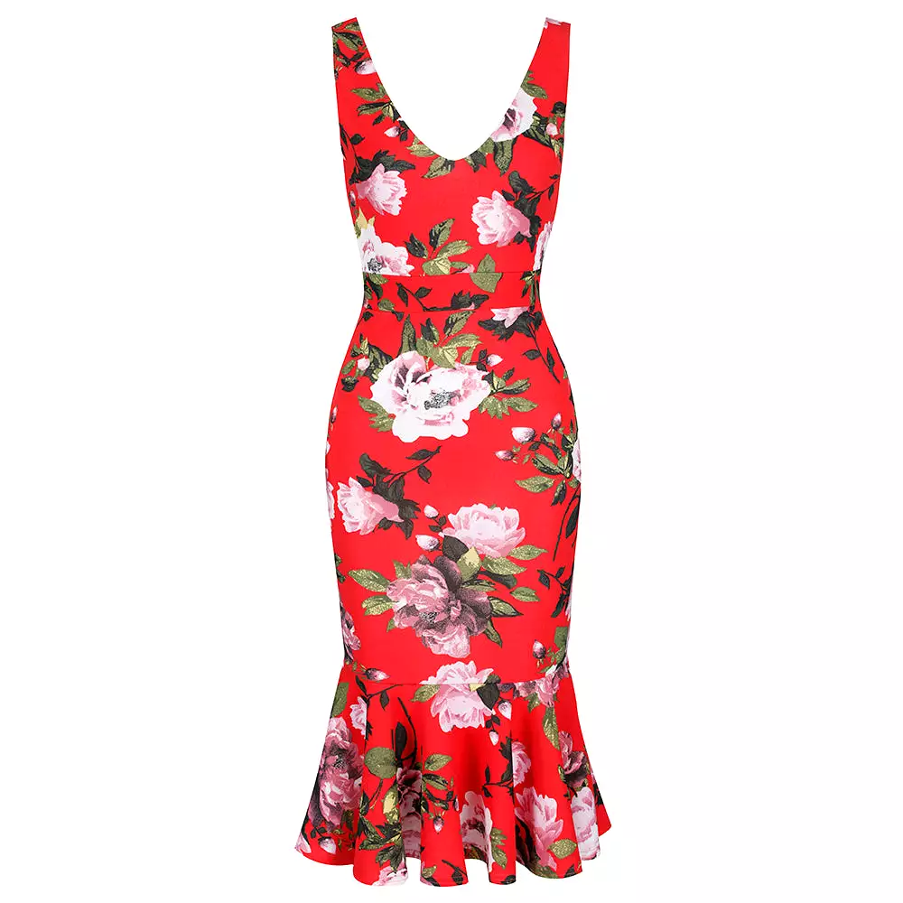 Sunset Red Sleeveless Peplum Hem V Neck Pencil Dress