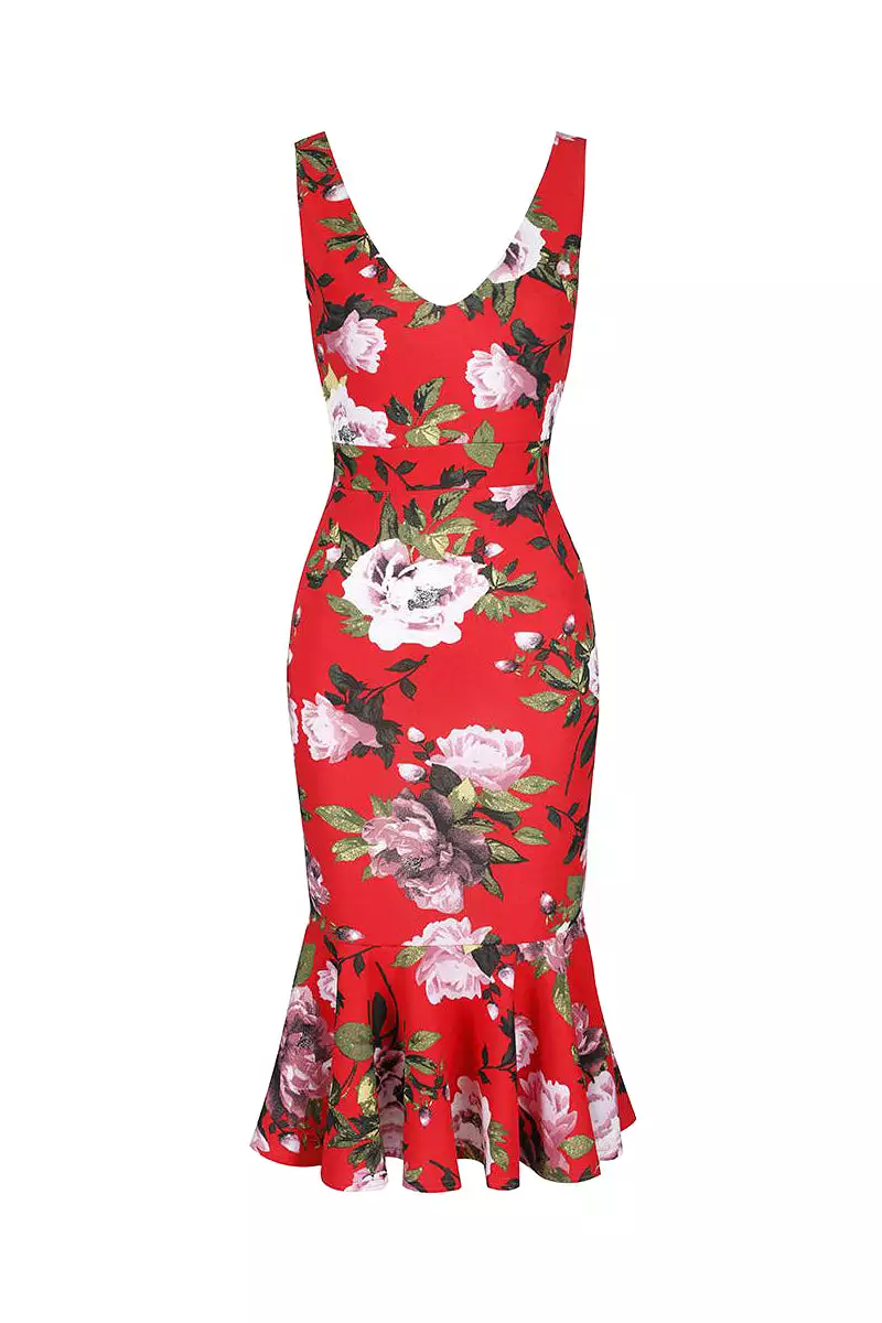 Sunset Red Sleeveless Peplum Hem V Neck Pencil Dress