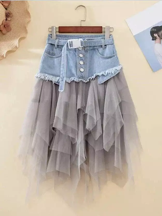 Swing Style Women's Tulle Denim Skirt with Belt in Black and Light Blue Sizes S M L