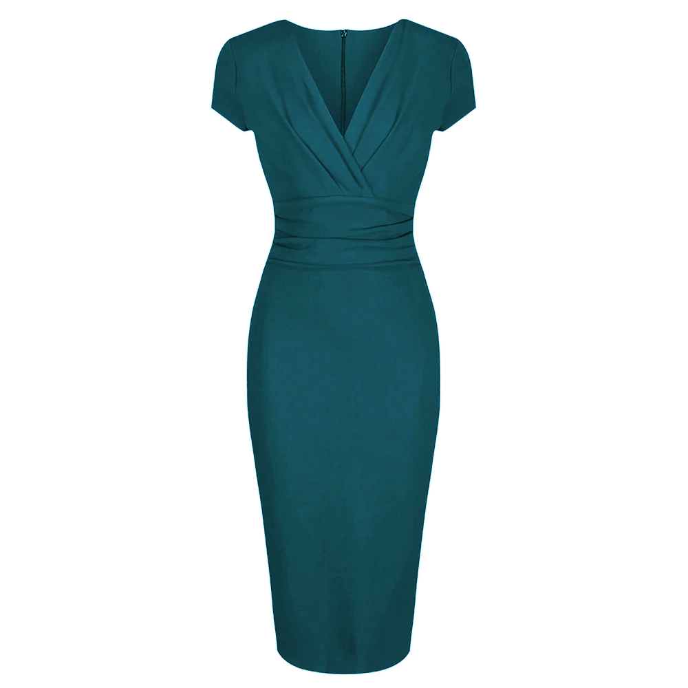 Teal Blue Green Deep V Neck Cap Sleeve Ruched Waist Bodycon Wiggle Dress