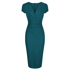 Teal Blue Green Deep V Neck Cap Sleeve Ruched Waist Bodycon Wiggle Dress