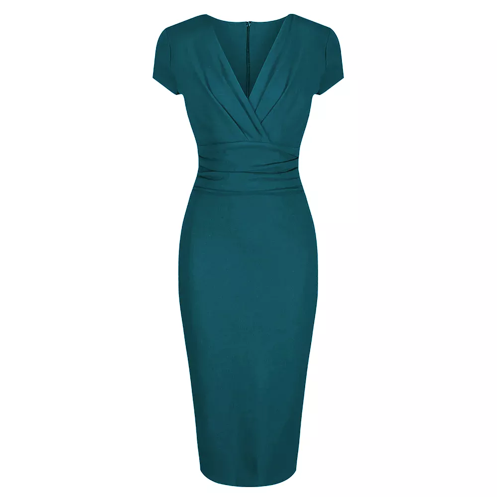 Teal Blue Green Deep V Neck Cap Sleeve Ruched Waist Bodycon Wiggle Dress