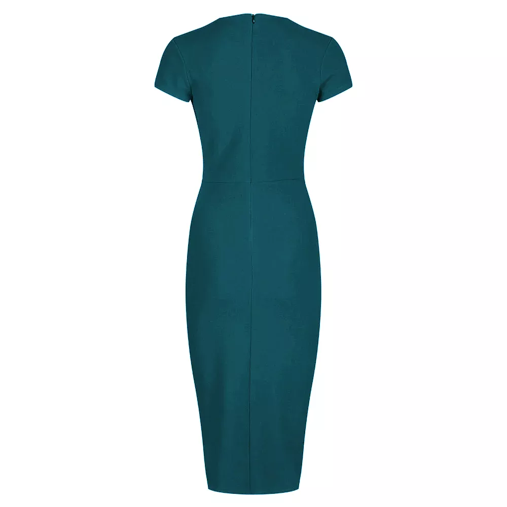 Teal Blue Green Deep V Neck Cap Sleeve Ruched Waist Bodycon Wiggle Dress