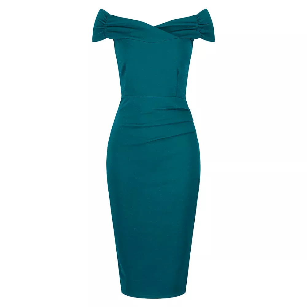 Teal Cap Sleeve Crossover Top Bardot Wiggle Dress