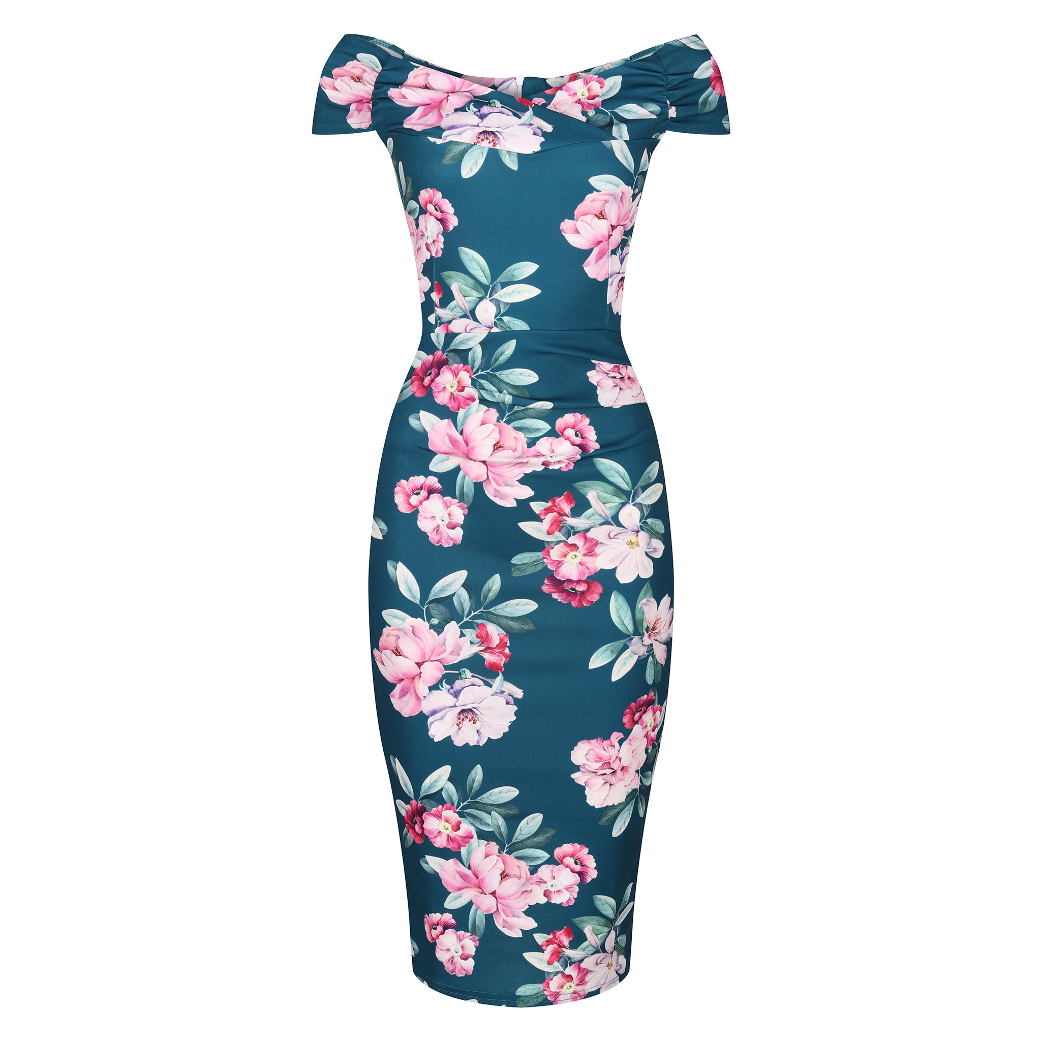 Teal Green & Pink Floral Print Cap Sleeve Bardot Neckline Wiggle Dress