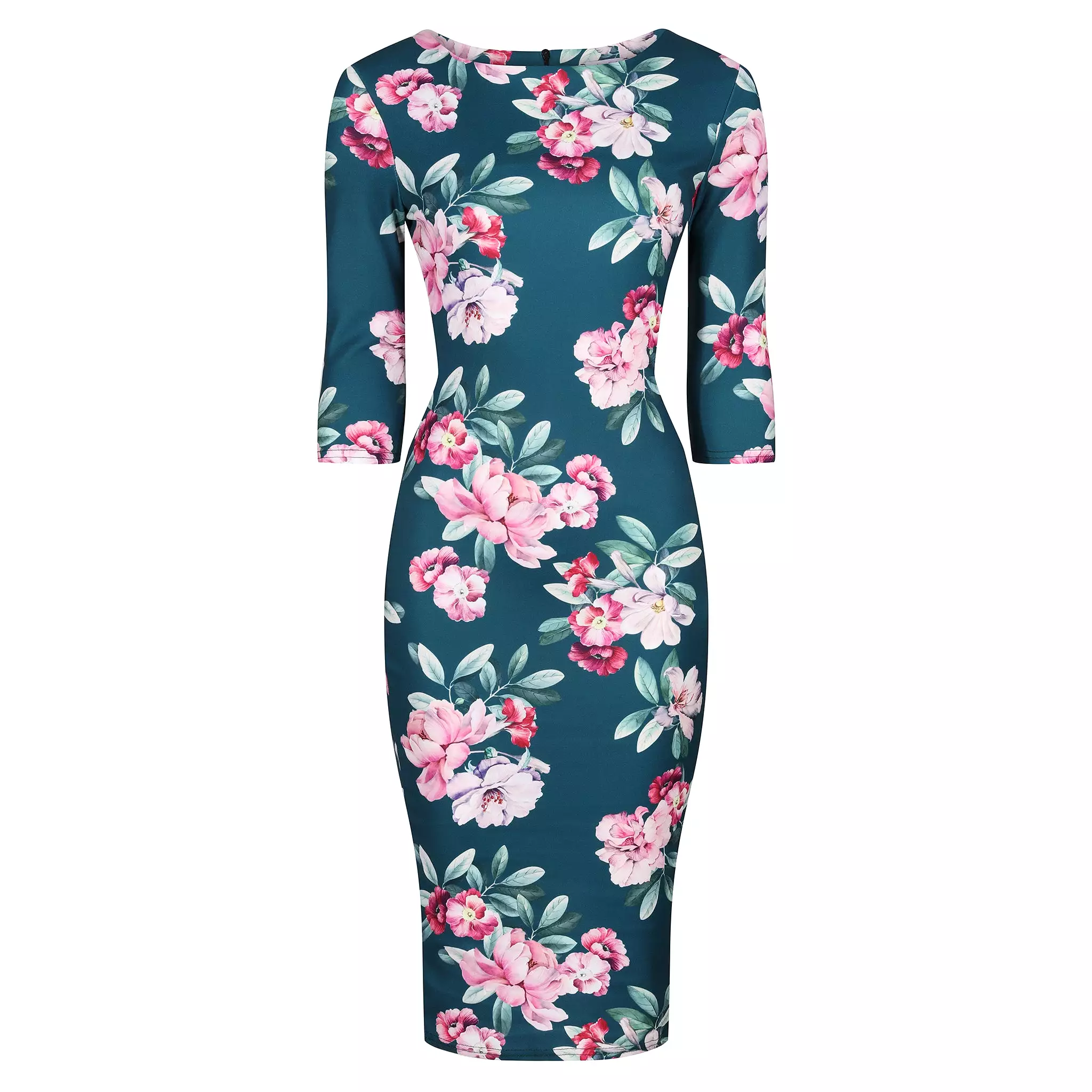 Teal Green and Pink Floral 3/4 Sleeve Bodycon Pencil Wiggle Dress