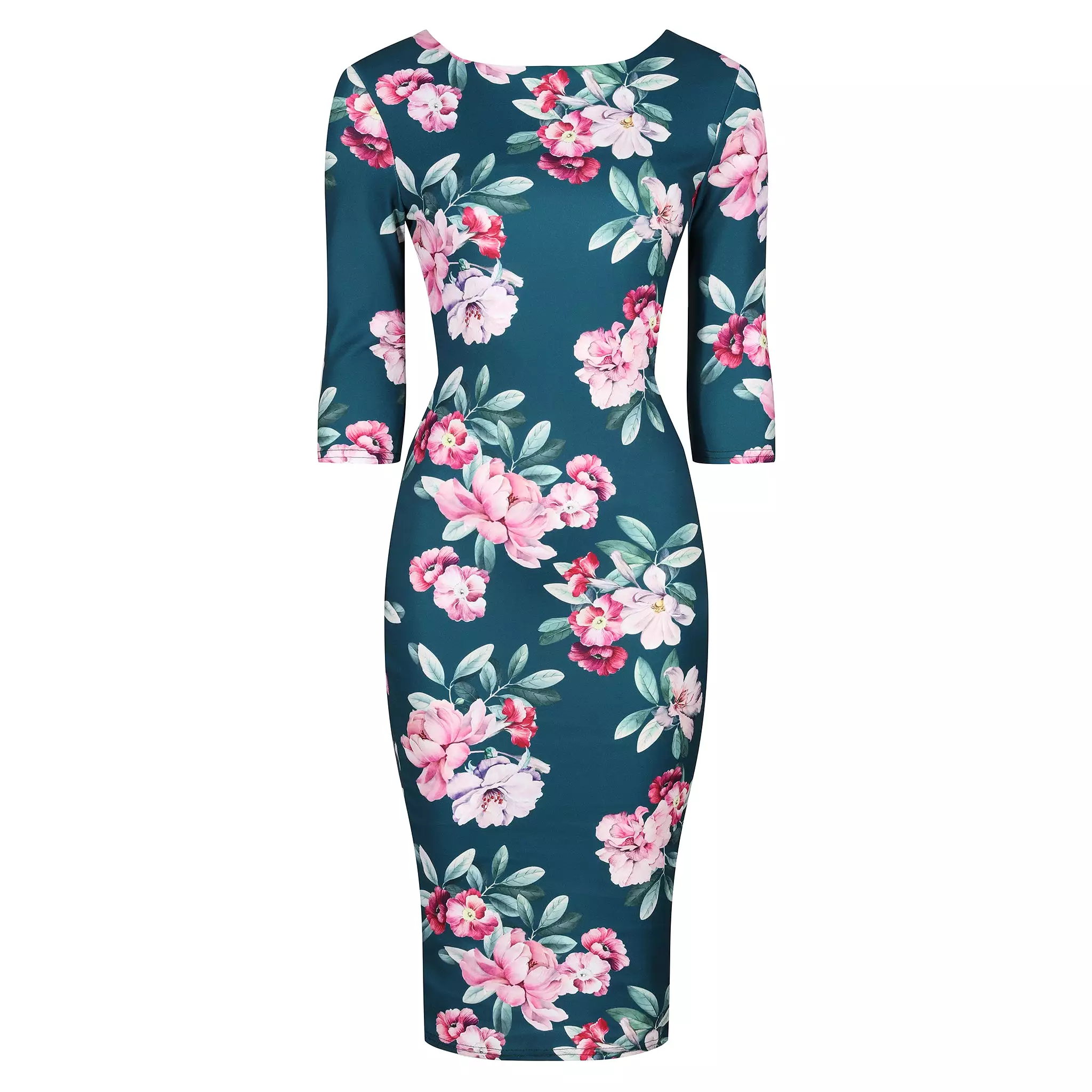 Teal Green and Pink Floral 3/4 Sleeve Bodycon Pencil Wiggle Dress