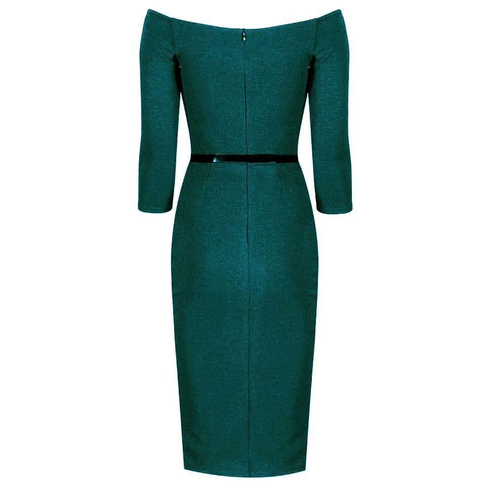 Teal Wide V Neck 3/4 Sleeve Vintage Style Belted Bodycon Pencil Dress