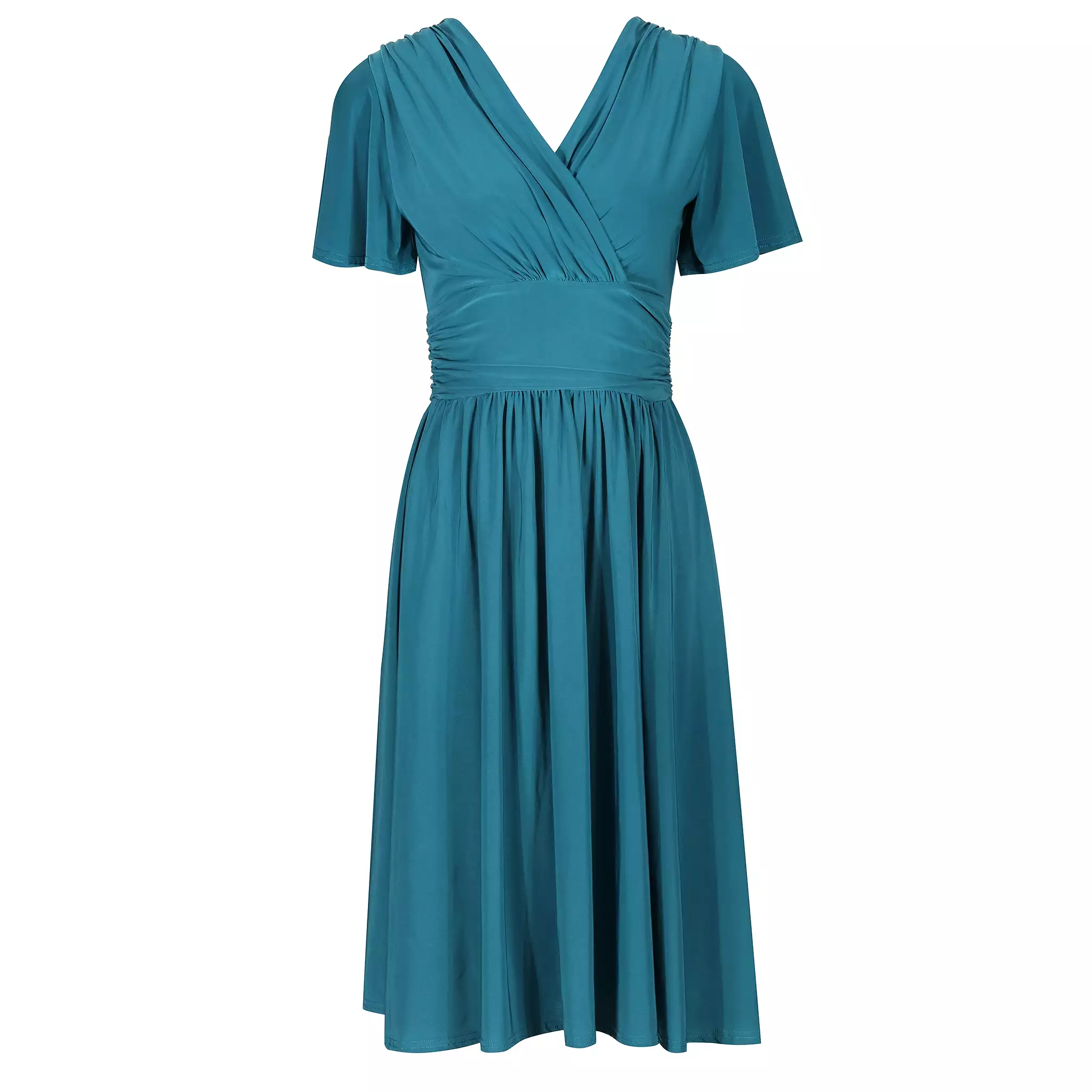 Teal Wrap Top & Pleated Skirt Swing Dress With Butterfly Sleeves