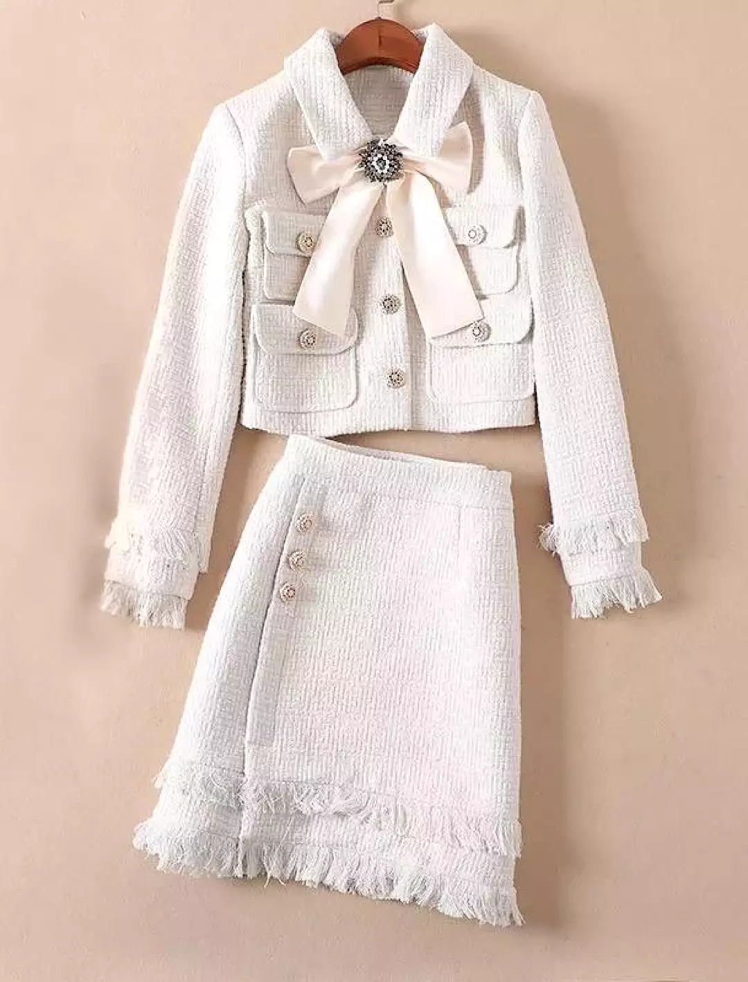 Tweed Jacket With Bow And Skirt Two Piece Set