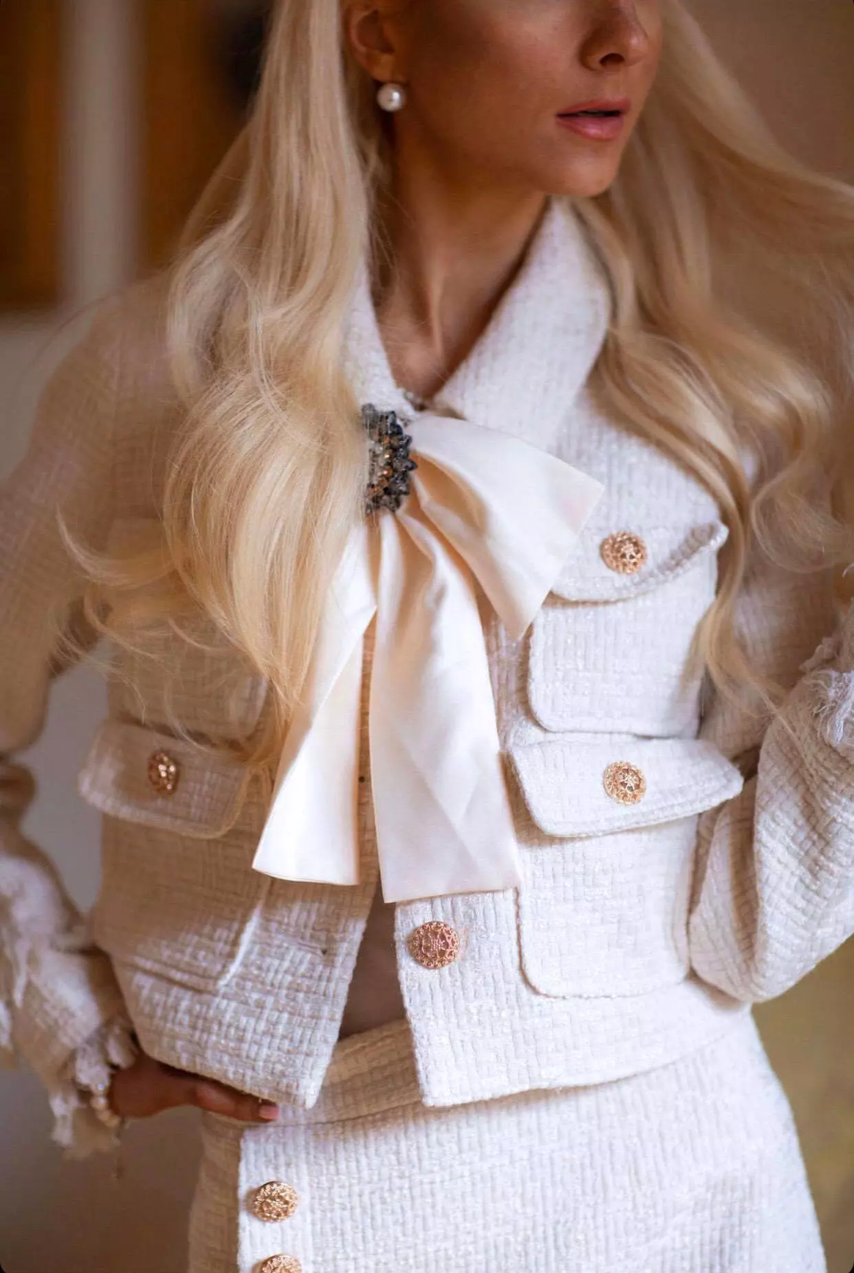 Tweed Jacket With Bow And Skirt Two Piece Set