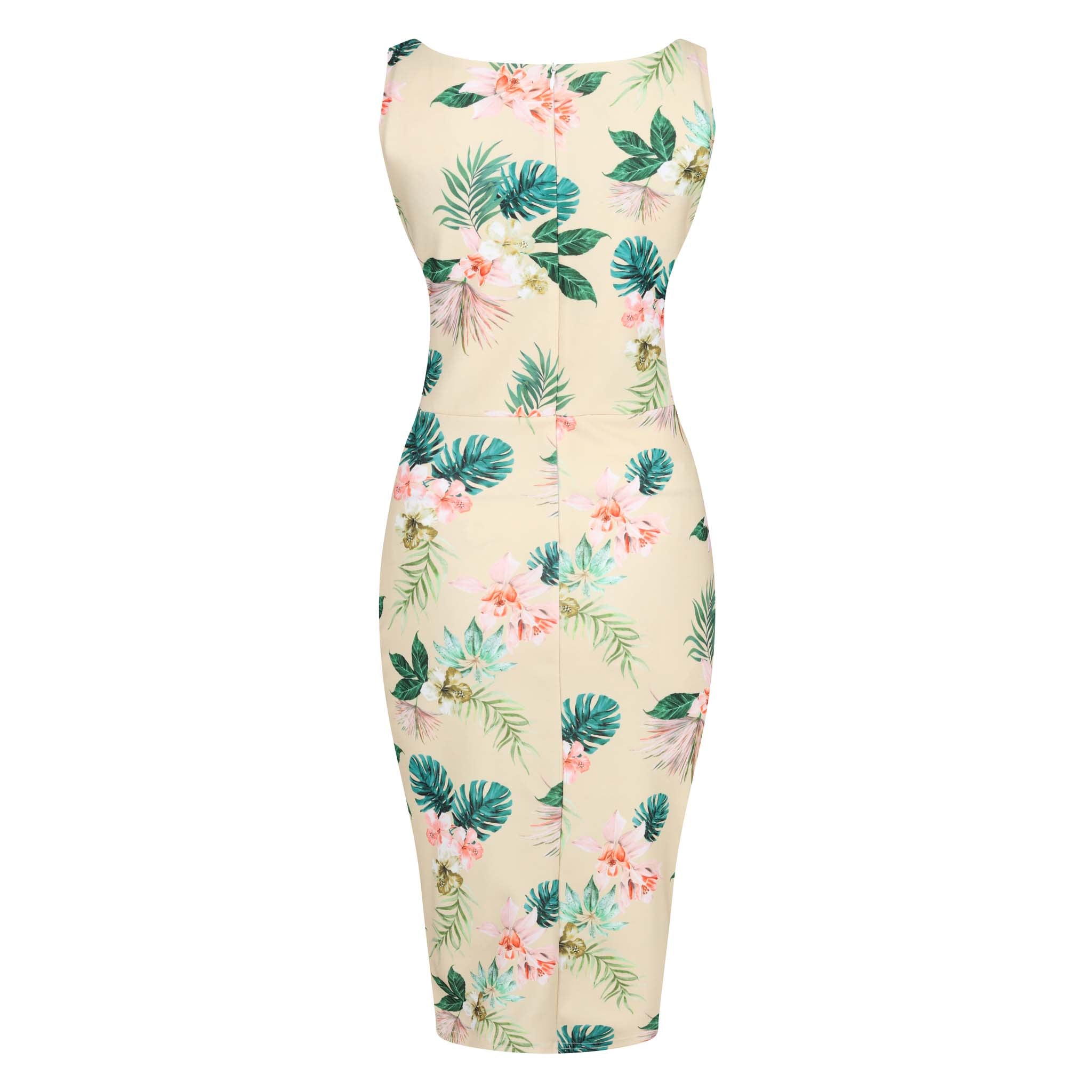 Vanilla Yellow Pink Floral Print High Neckline 40s Style Sleeveless Wiggle Dress