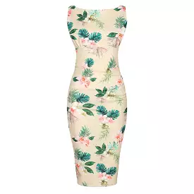 Vanilla Yellow Pink Floral Print High Neckline 40s Style Sleeveless Wiggle Dress