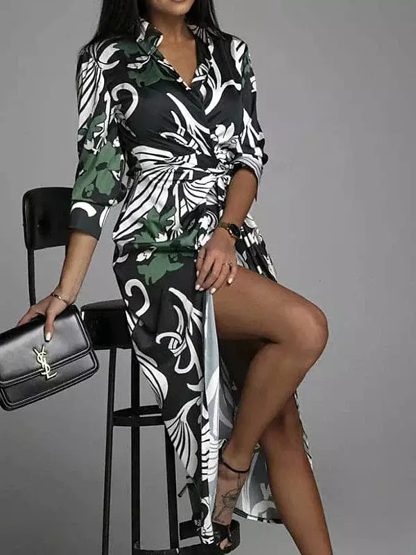 Versatile Women's Blue and Green Floral Print Shirt Dress