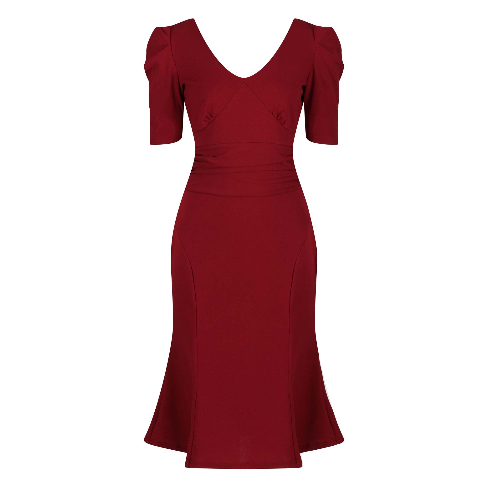 Vintage 1940s Wine Red Gathered Puff Sleeve Pencil Dress