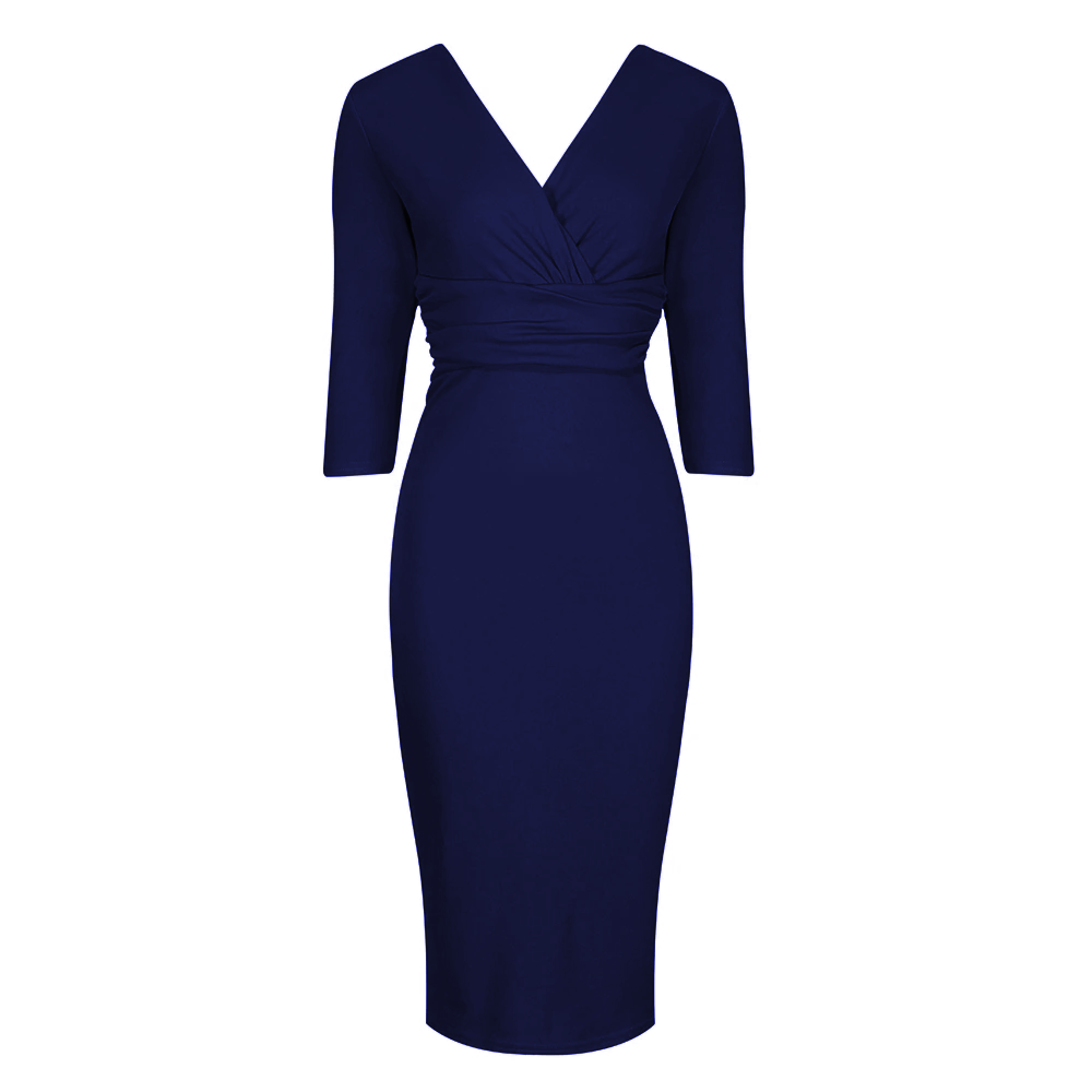 Vintage Navy Blue Wrap Over Midi Pencil Dress