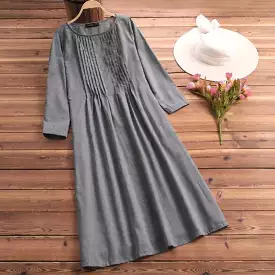 Vintage Pleated Midi Dress Women's Spring Sundress ZANZEA Casual Long Sleeve Vestidos Female Pleated Robe Femme S4101087