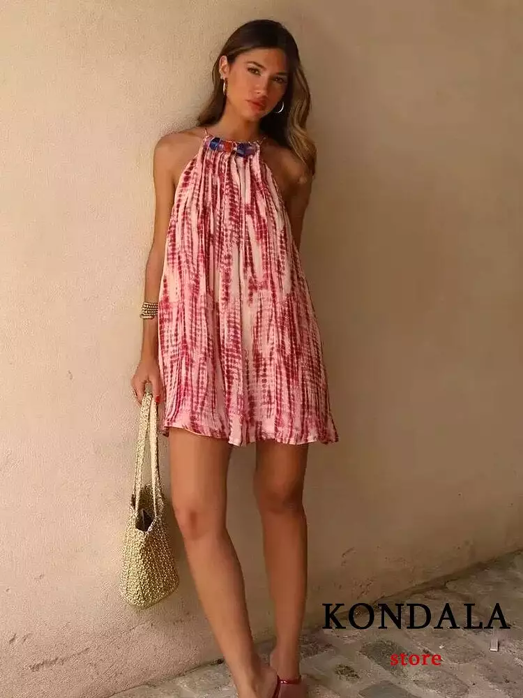 Vintage Red Print Women Dress Sleeveless Straight Halter Mini Dress Fashion 2023 Summer Holiday Bohomian Beach Dress