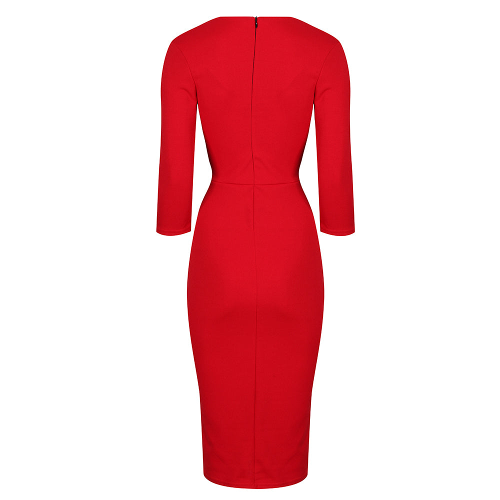 Vintage Red Wrap Over 3/4 Sleeve Midi Pencil Dress