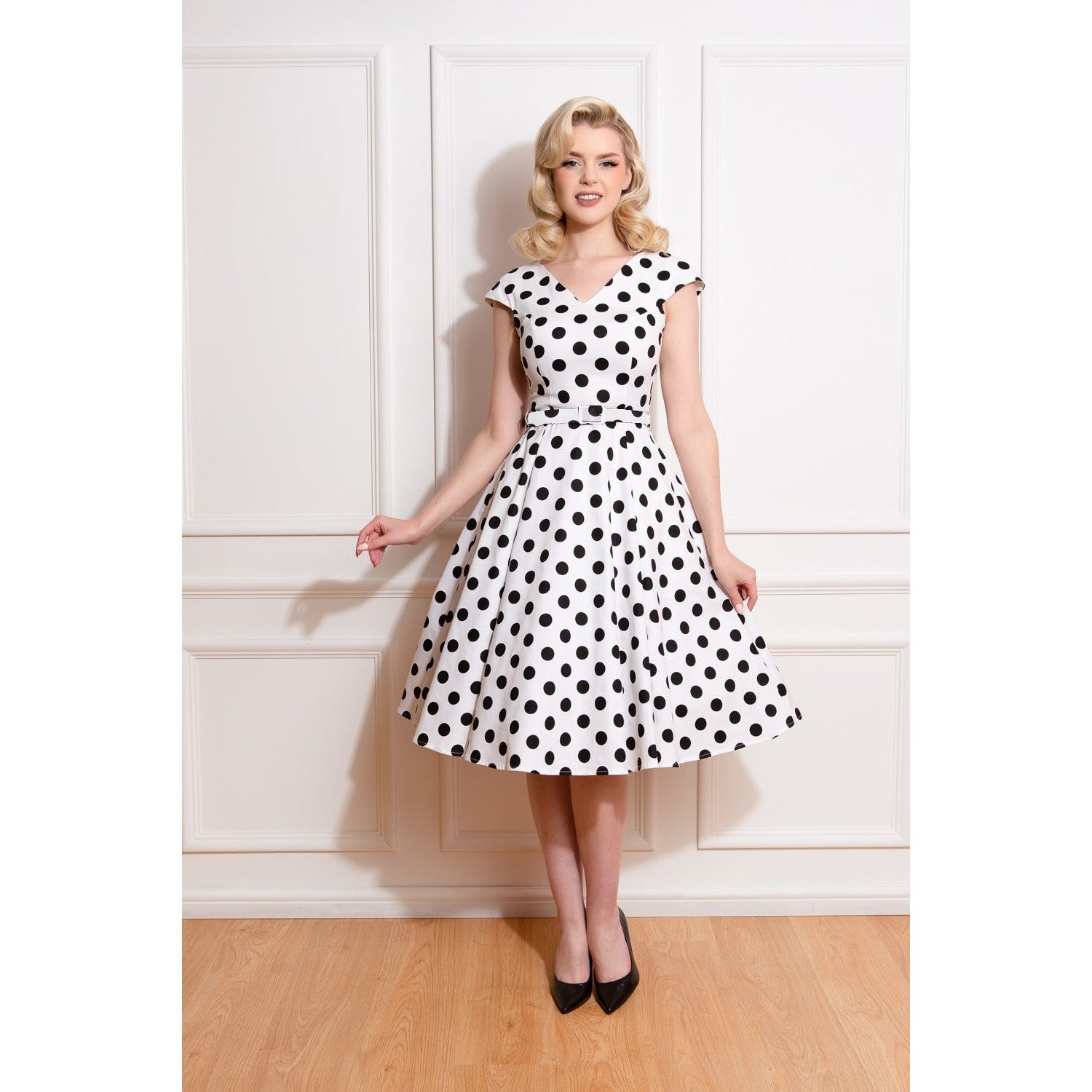 White & Black Polka Dot Print Cap Sleeve V Neck 50s Swing Dress