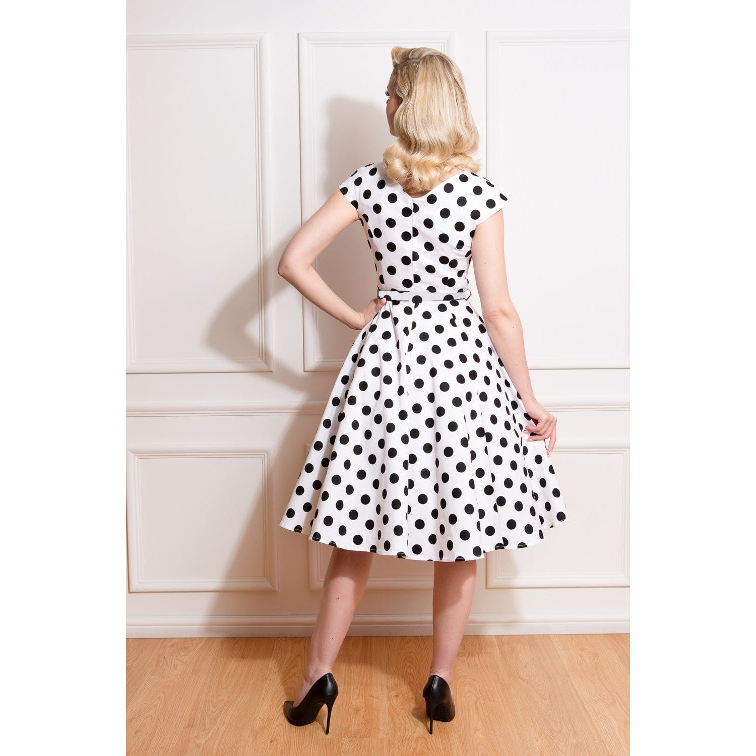 White & Black Polka Dot Print Cap Sleeve V Neck 50s Swing Dress