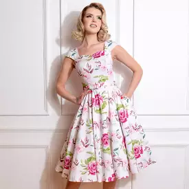 White & Pink Floral Cap Sleeve 50s Swing Dress