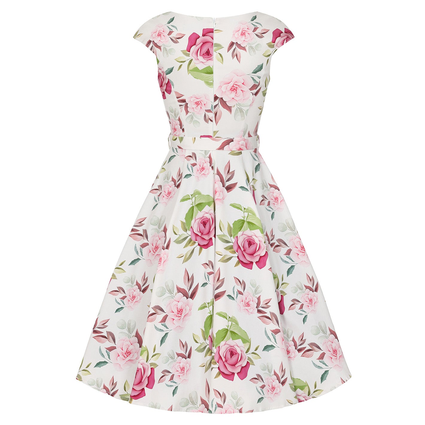 White & Pink Floral Cap Sleeve 50s Swing Dress