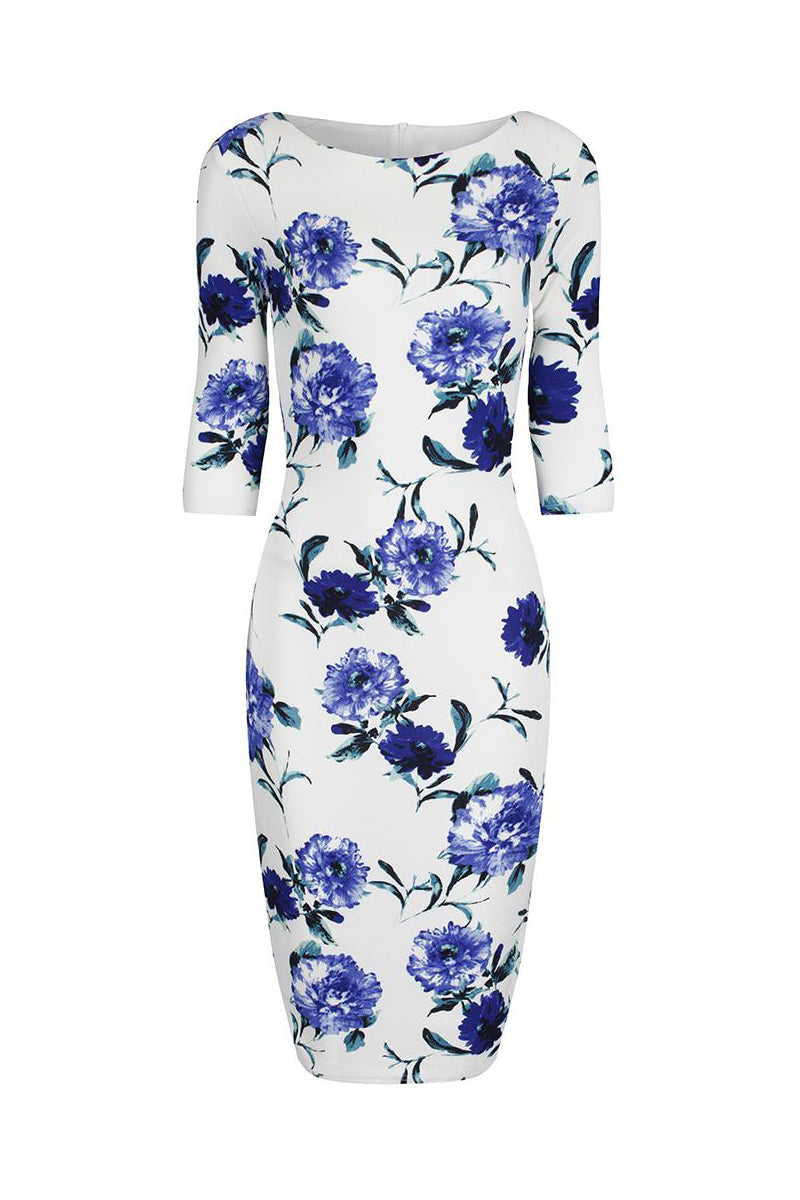 White and Blue Floral Print 3/4 Sleeve Bodycon Pencil Wiggle Dress