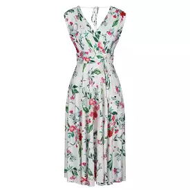 White and Red Floral V Neck Crossover Top Empire Waist Swing Dress