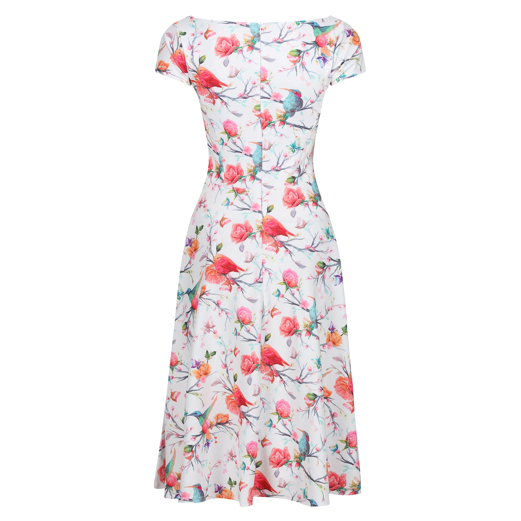 White Floral, Bird & Butterfly Print Cap Sleeve 50s Audrey Swing Dress