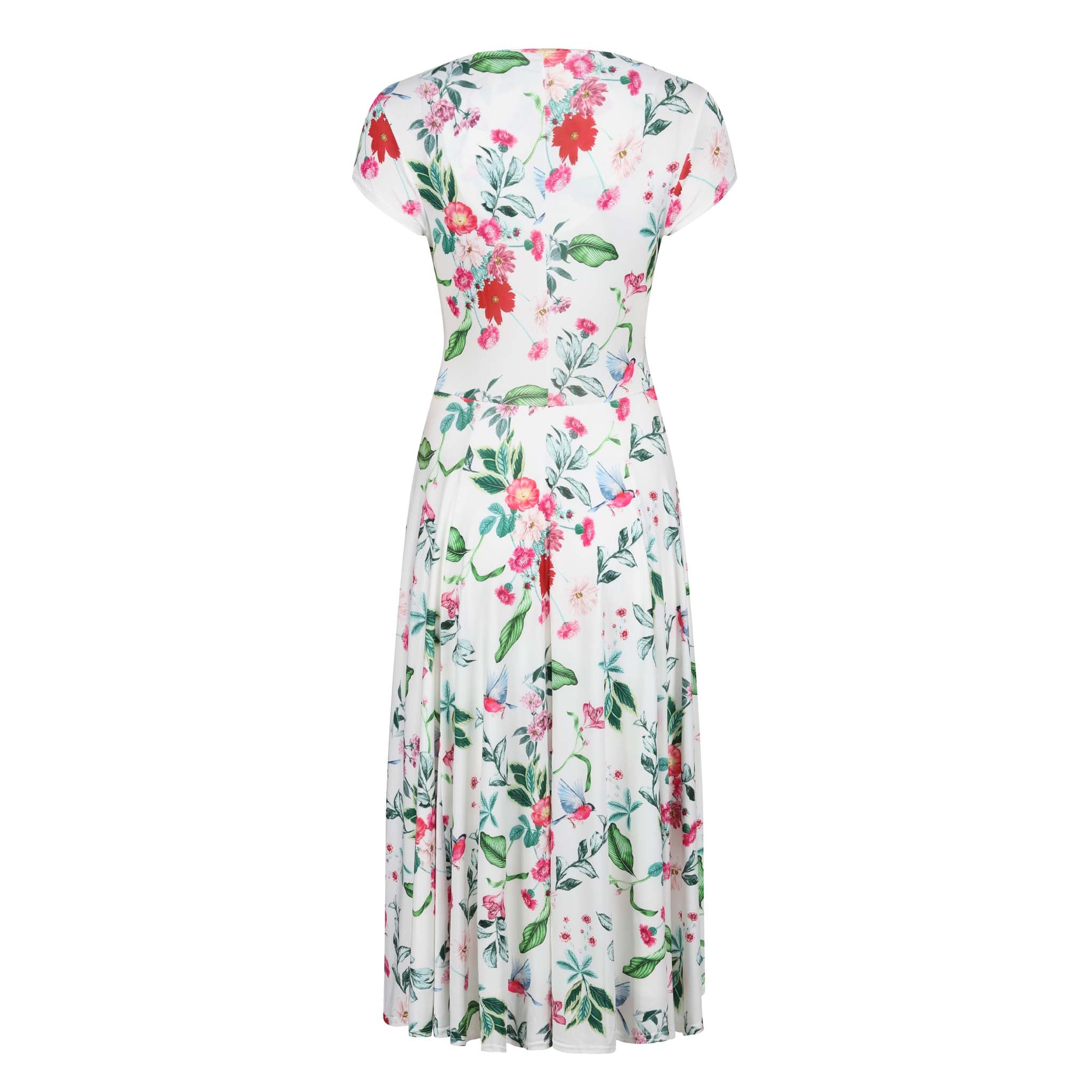 White Floral Bird Print Cap Sleeve Crossover Top Swing Dress