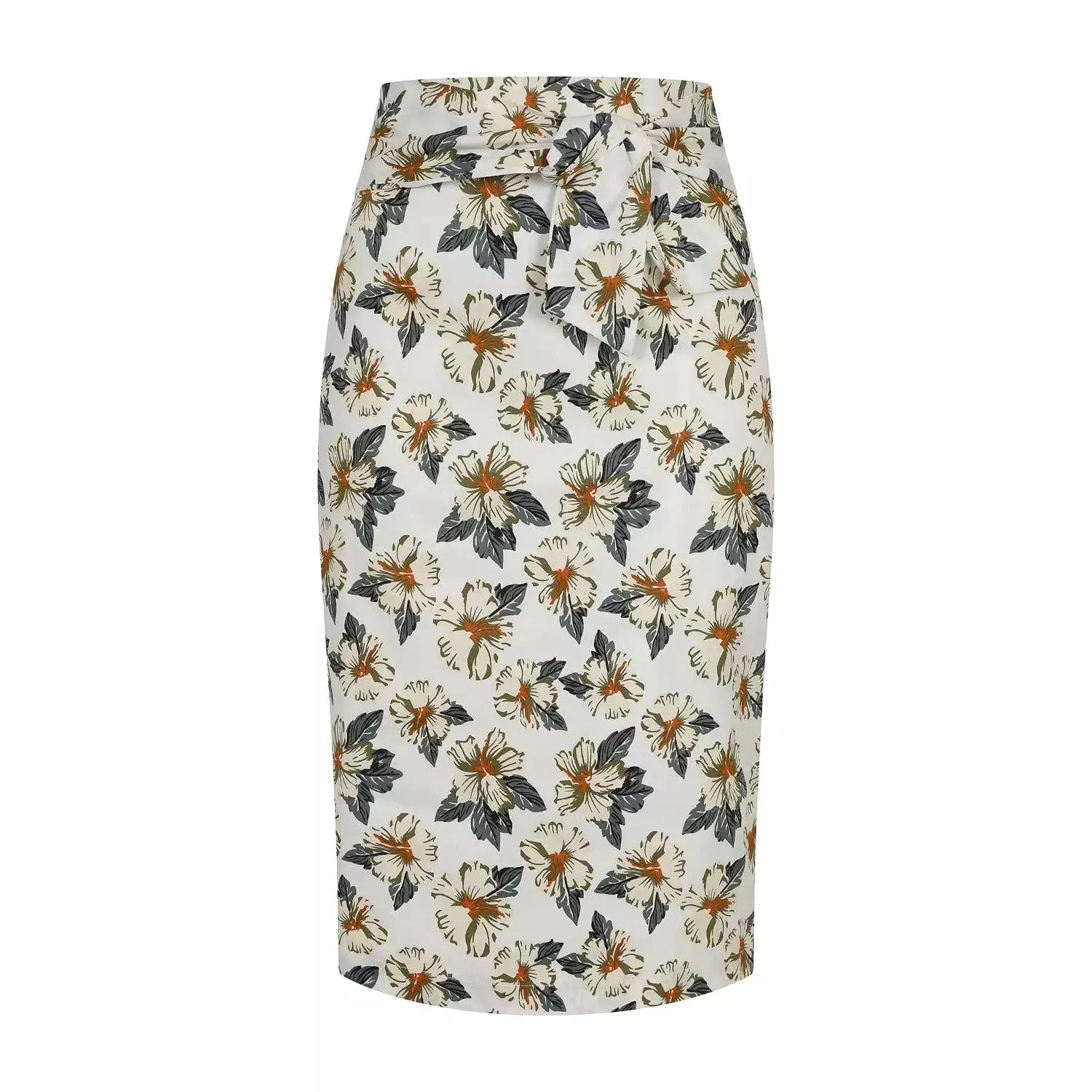 White Hawaiian Style Tie-Waist Pencil Skirt