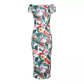 White Leopard & Tropical Floral Print Cap Sleeve Slinky Wiggle Dress